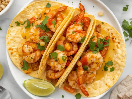20-Minute Lemon Shrimp Tacos served in soft tortillas with fresh garnishes