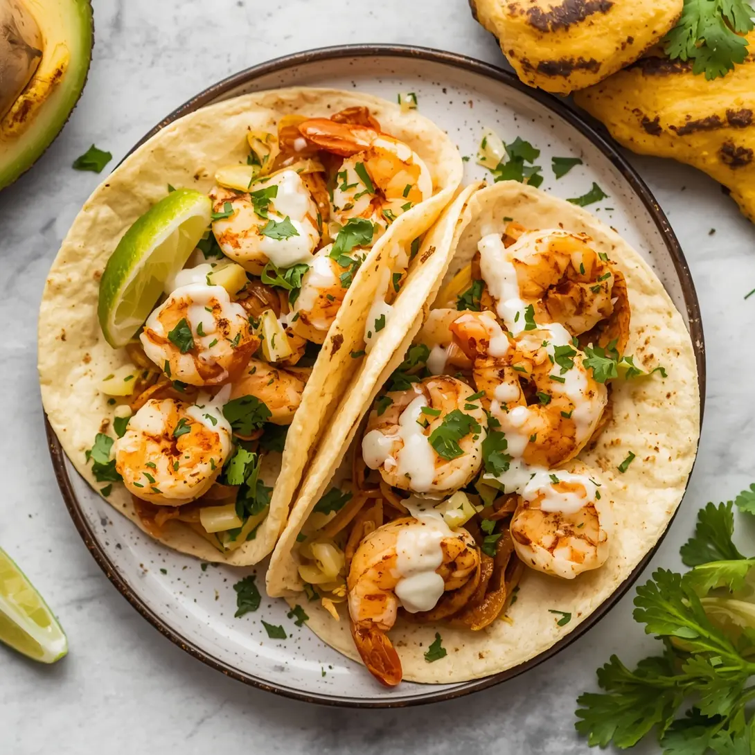 20-Minute Lemon Shrimp Tacos served in soft tortillas with fresh garnishes