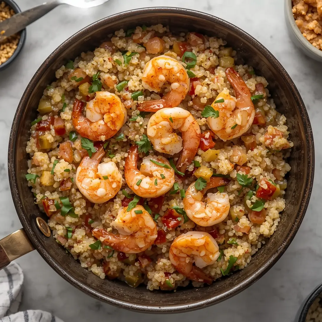 A vibrant Asian shrimp fried quinoa bowl with fresh ingredients.