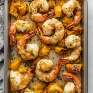Baked garlic parmesan shrimp with roasted squash on a sheet pan