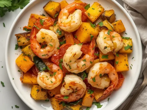 Baked garlic parmesan shrimp with roasted squash on a sheet pan