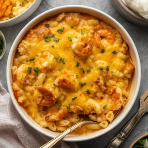 A cheesy baked shrimp mac and cheese casserole, hot and bubbling from the oven
