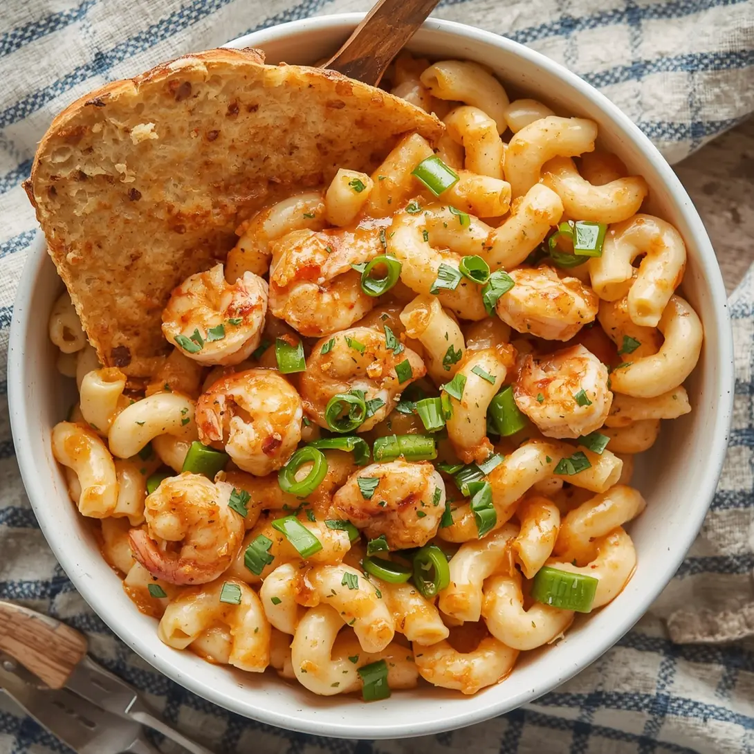 A cheesy baked shrimp mac and cheese casserole, hot and bubbling from the oven