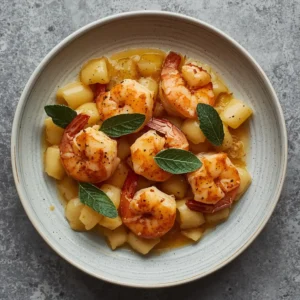 A plate of brown butter sage shrimp with gnocchi, garnished with fresh sage leaves.