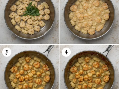 A plate of brown butter sage shrimp with gnocchi, garnished with fresh sage leaves.