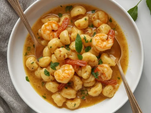 A plate of brown butter sage shrimp with gnocchi, garnished with fresh sage leaves.