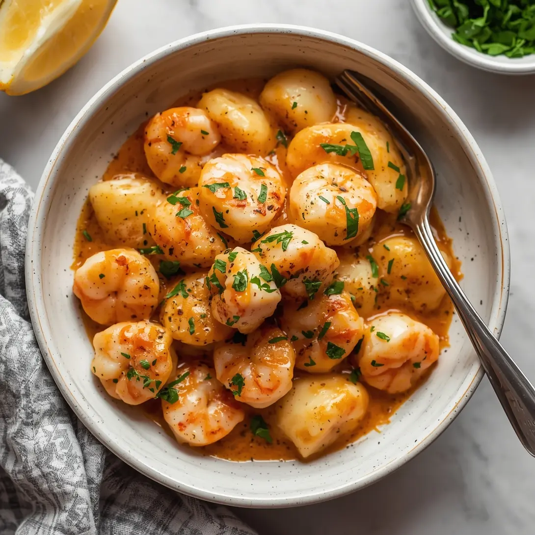 A plate of brown butter sage shrimp with gnocchi, garnished with fresh sage leaves.