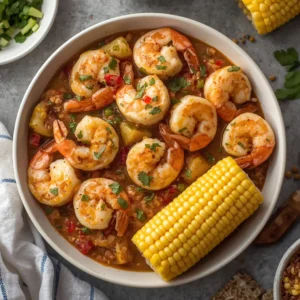 Close-up of Cajun garlic butter shrimp served with corn on the cob