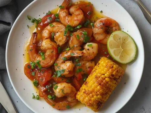 Close-up of Cajun garlic butter shrimp served with corn on the cob