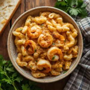 A serving of Cajun shrimp mac and cheese with a rich, creamy sauce