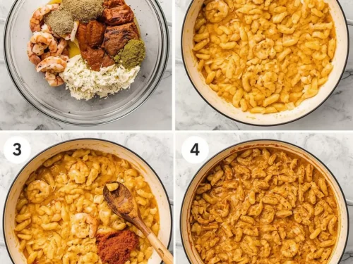 A serving of Cajun shrimp mac and cheese with a rich, creamy sauce