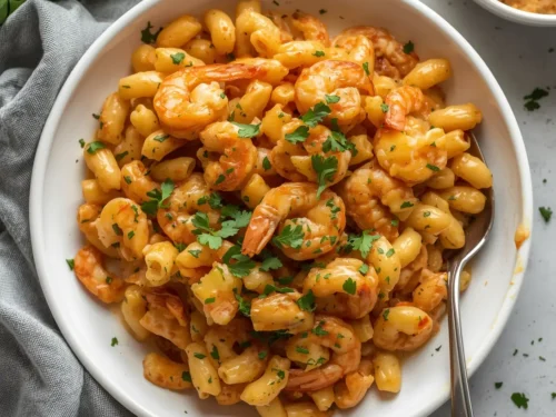 A serving of Cajun shrimp mac and cheese with a rich, creamy sauce