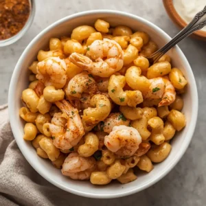 A serving of Cajun Shrimp Mac and Cheese in a bowl, showing a creamy texture with visible shrimp and spices.