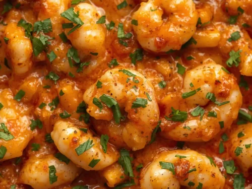 A serving of Cajun Shrimp Mac and Cheese in a bowl, showing a creamy texture with visible shrimp and spices.