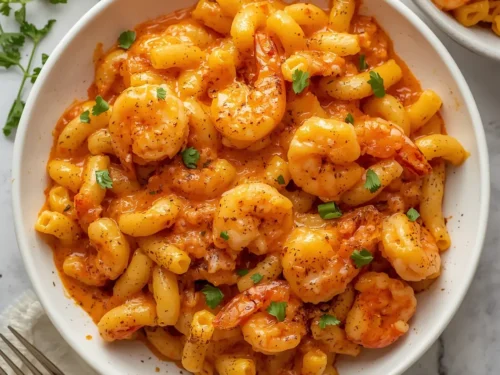 A serving of Cajun Shrimp Mac and Cheese in a bowl, showing a creamy texture with visible shrimp and spices.