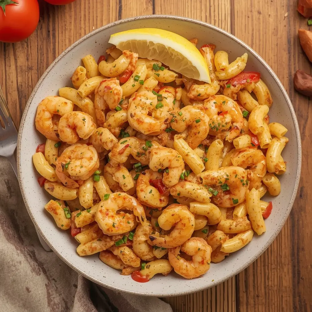 A serving of Cajun Shrimp Mac and Cheese in a bowl, showing a creamy texture with visible shrimp and spices.
