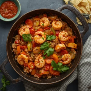 A vibrant Cajun shrimp and rice skillet with spices and vegetables.