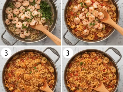 A vibrant Cajun shrimp and rice skillet with spices and vegetables.