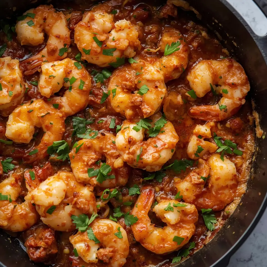 A vibrant Cajun shrimp and rice skillet with spices and vegetables.