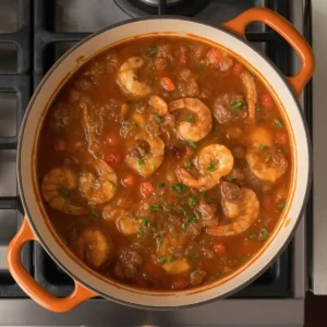 A full pot of Cajun Shrimp & Sausage Gumbo simmering on a stove
