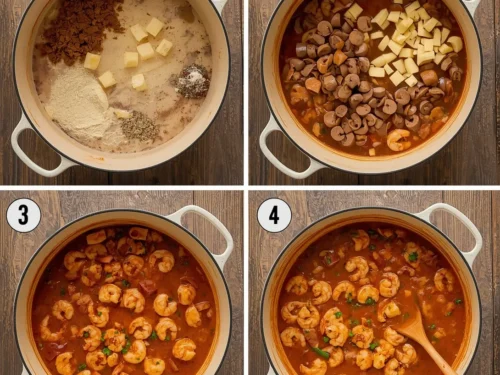 A full pot of Cajun Shrimp & Sausage Gumbo simmering on a stove