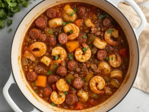 A full pot of Cajun Shrimp & Sausage Gumbo simmering on a stove