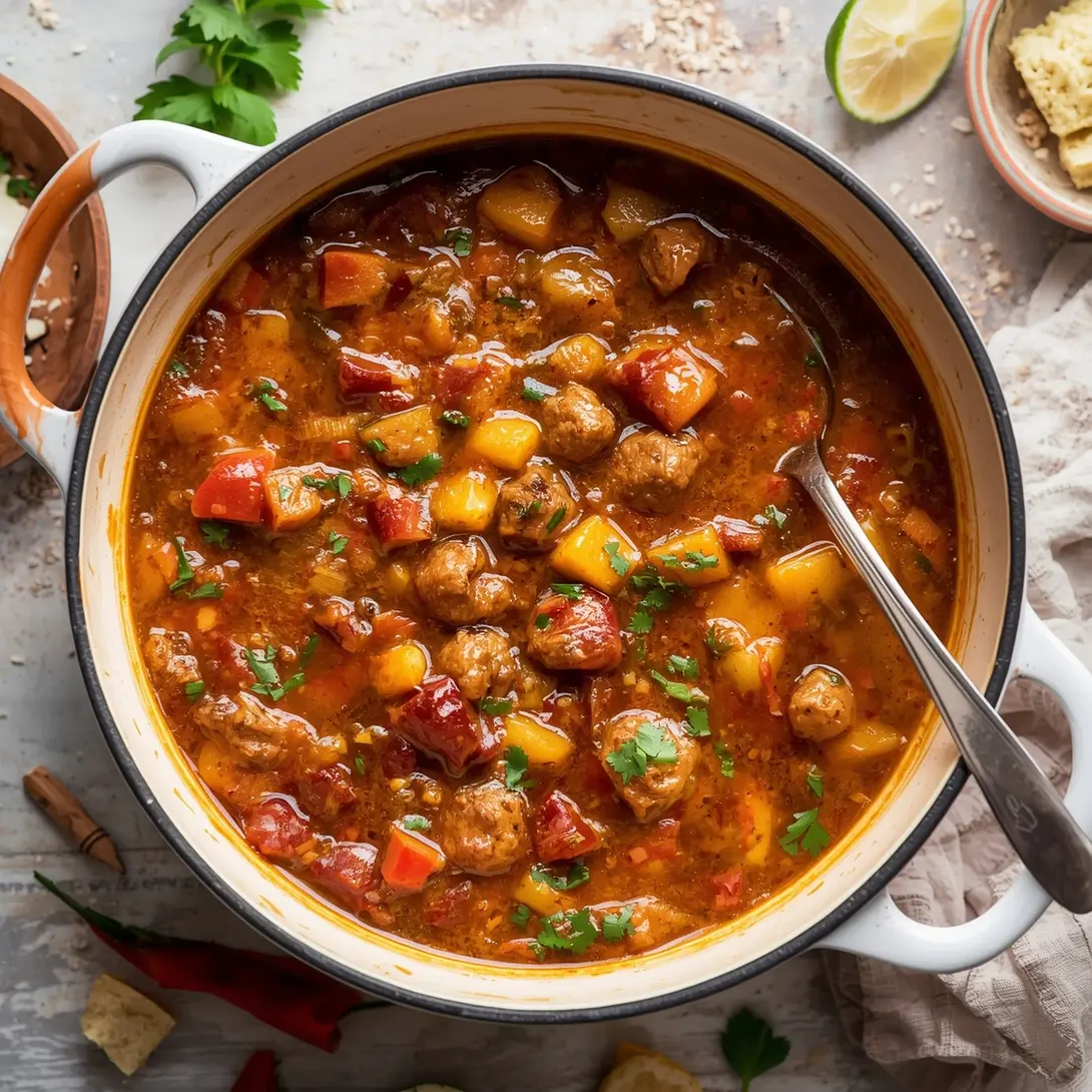 A full pot of Cajun Shrimp & Sausage Gumbo simmering on a stove