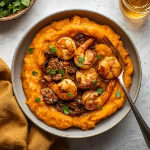 A vibrant dish of spicy Cajun shrimp served alongside creamy sweet potato mash.