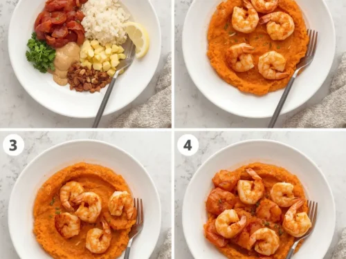 A vibrant dish of spicy Cajun shrimp served alongside creamy sweet potato mash.