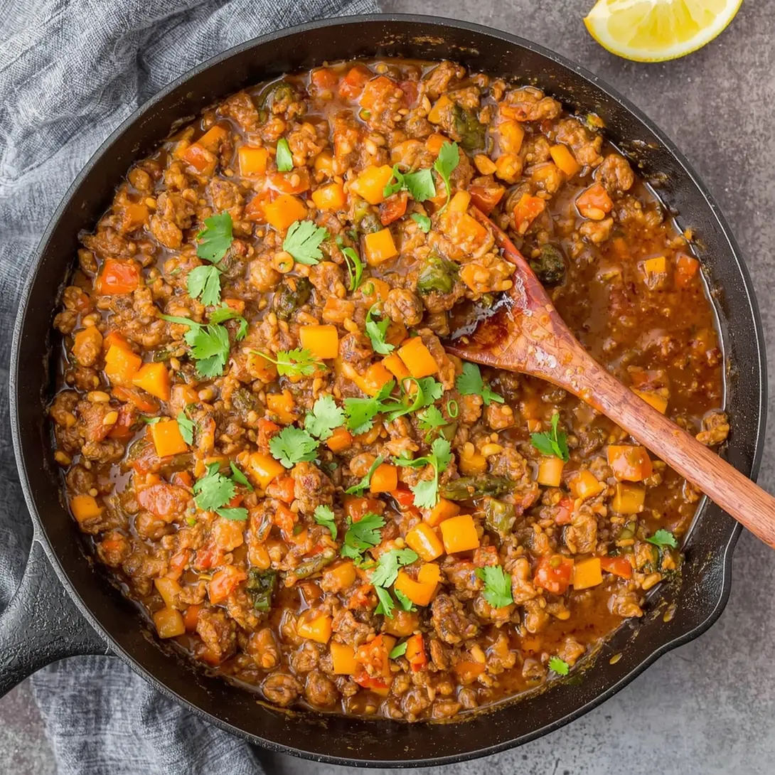 A steaming Cajun shrimp and wild rice skillet, garnished with fresh herbs.