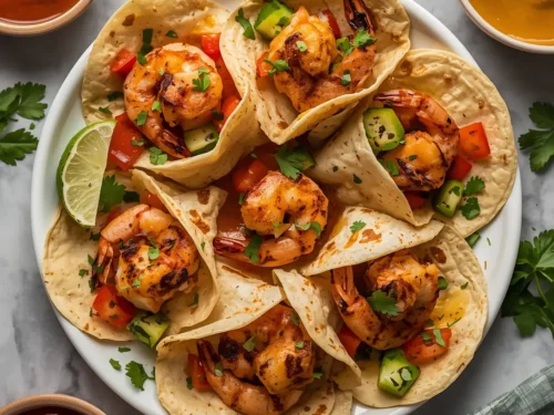 A delicious Caribbean Jerk Grilled Shrimp Wrap filled with fresh ingredients.