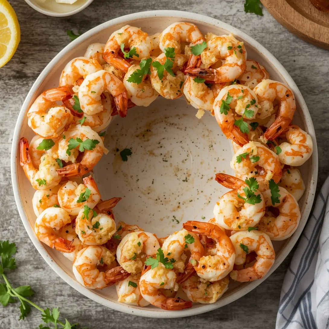 A stunning Christmas shrimp wreath with a delicious dipping sauce centerpiece