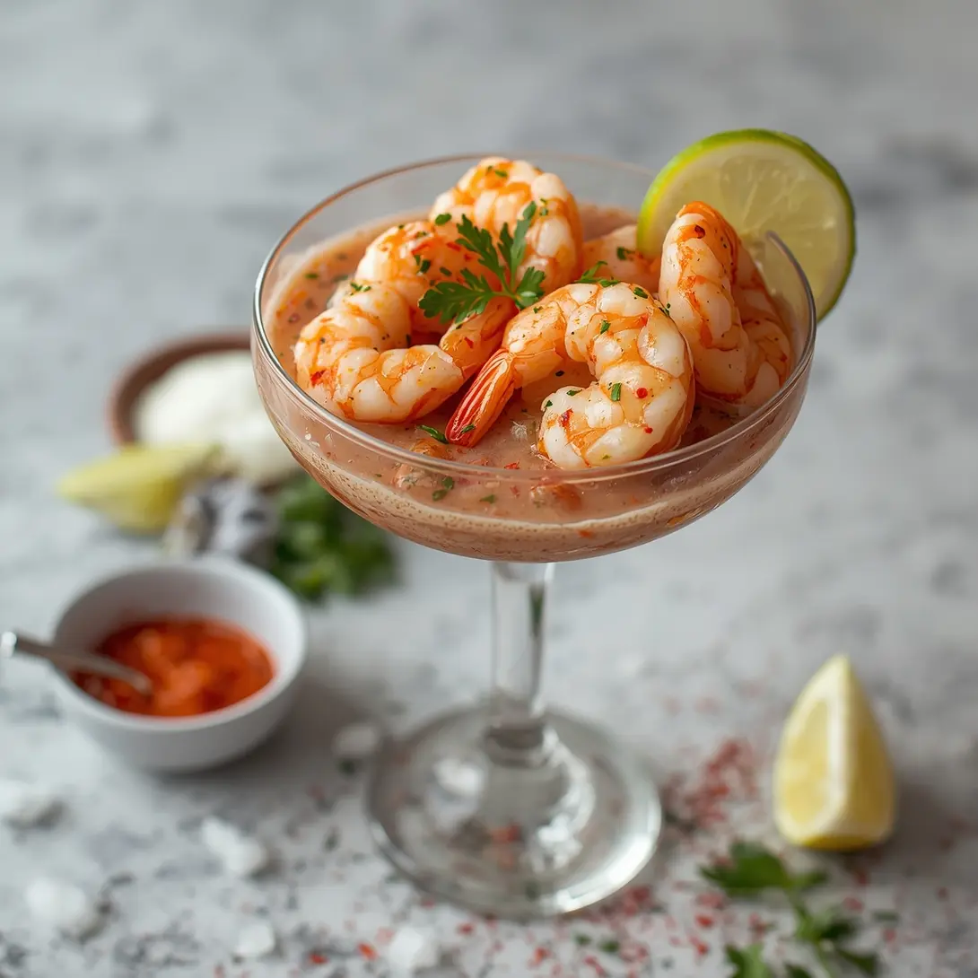 A chilled classic shrimp cocktail presented with a homemade sauce in elegant glassware.