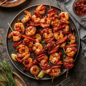 Delicious cranberry-glazed shrimp skewers arranged on a platter.