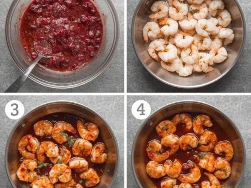 Delicious cranberry-glazed shrimp skewers arranged on a platter.