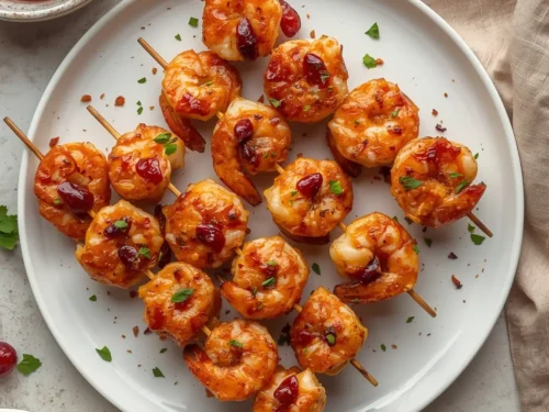 Delicious cranberry-glazed shrimp skewers arranged on a platter.