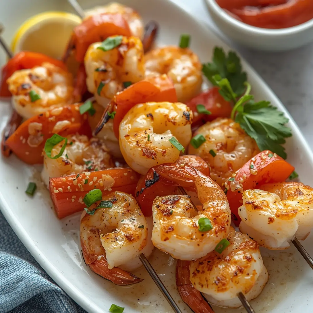 Delicious cranberry-glazed shrimp skewers arranged on a platter.