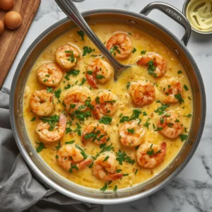 A creamy garlic butter shrimp skillet, perfectly cooked and garnished.