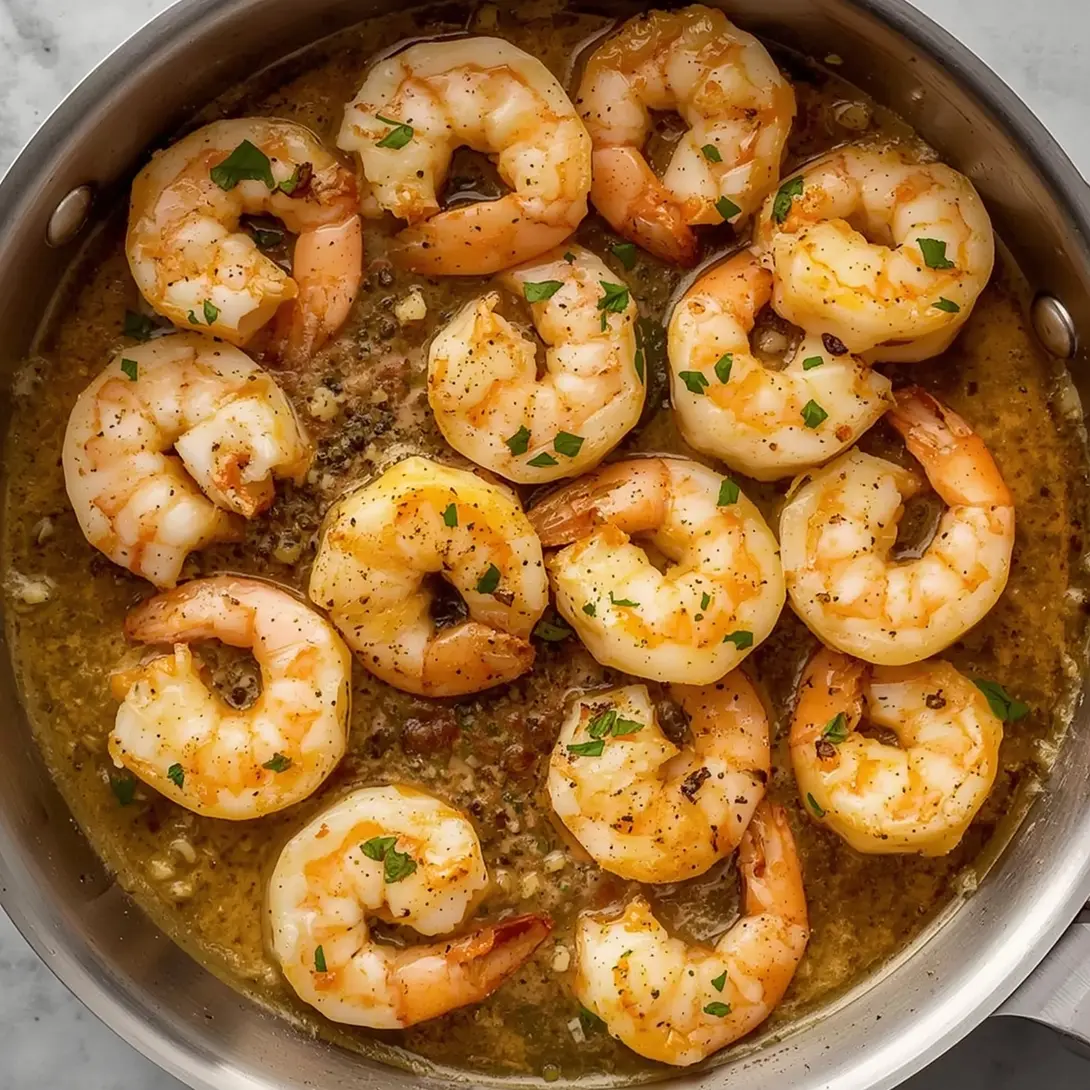 A creamy garlic butter shrimp skillet, perfectly cooked and garnished.