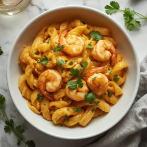 A bowl of creamy pumpkin shrimp pasta with fresh parsley garnish