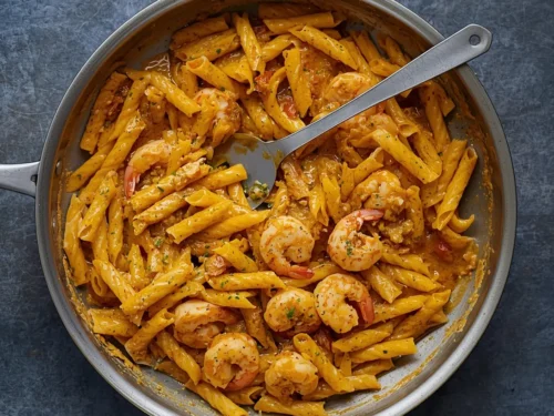 A bowl of creamy pumpkin shrimp pasta with fresh parsley garnish