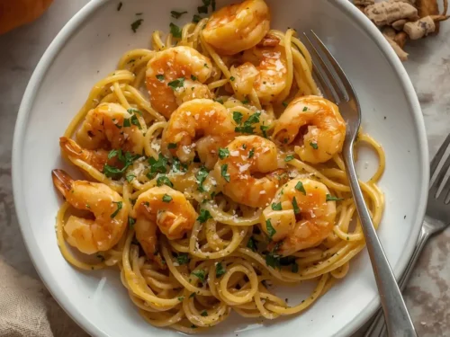 A bowl of creamy pumpkin shrimp pasta with fresh parsley garnish