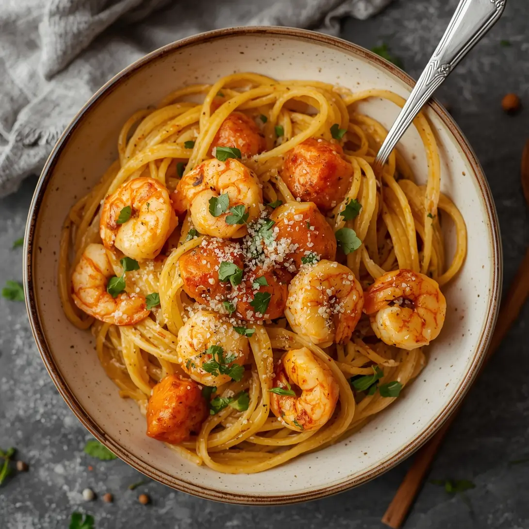 A bowl of creamy pumpkin shrimp pasta with fresh parsley garnish