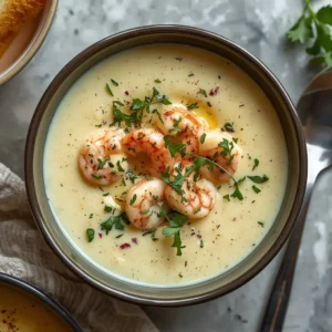 A bowl of creamy shrimp bisque starter, garnished with fresh herbs.