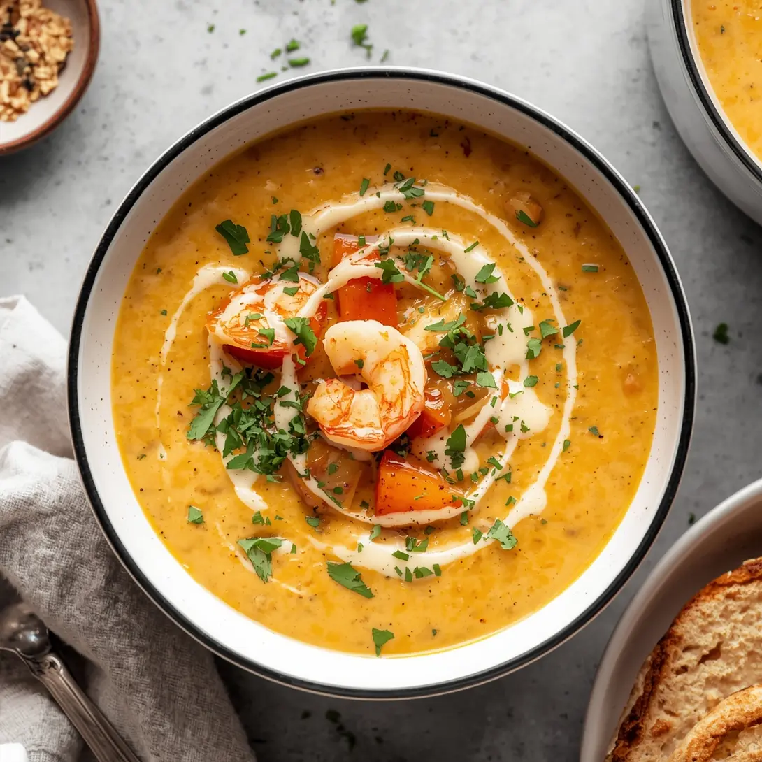 A bowl of creamy shrimp bisque starter, garnished with fresh herbs.