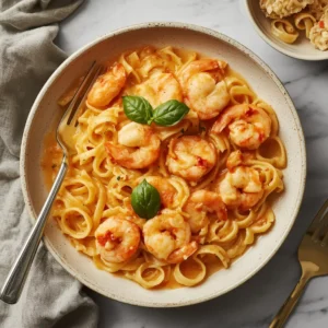A serving of creamy shrimp tetrazzini with linguine pasta and a rich sauce