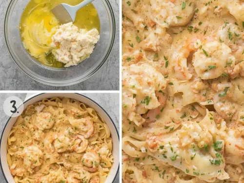 A serving of creamy shrimp tetrazzini with linguine pasta and a rich sauce