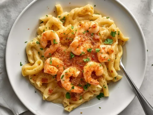 A serving of creamy shrimp tetrazzini with linguine pasta and a rich sauce