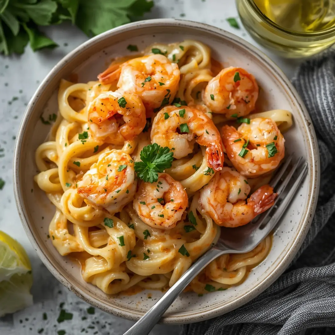 A serving of creamy shrimp tetrazzini with linguine pasta and a rich sauce