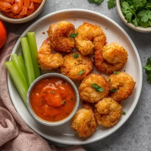 Plate of crispy coconut shrimp with a vibrant dipping sauce